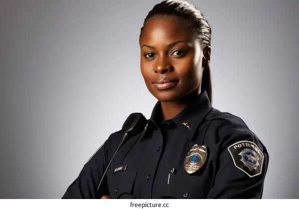 A policewoman of African descent posing in her uniform