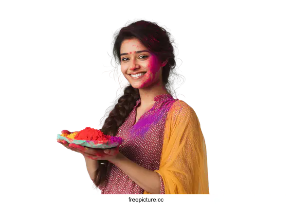 [Transparent Background PNG]Holi Celebration Indian Woman with Colorful Powder