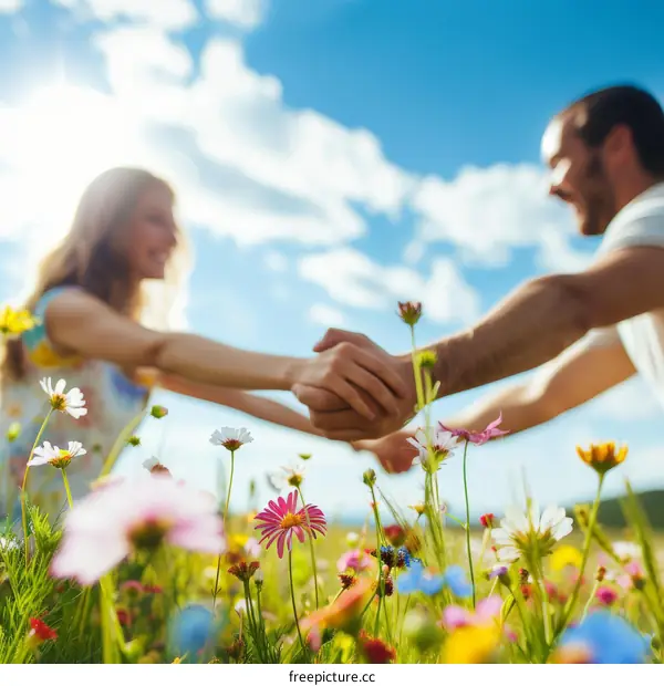 Couple holding hands in a field of flowers