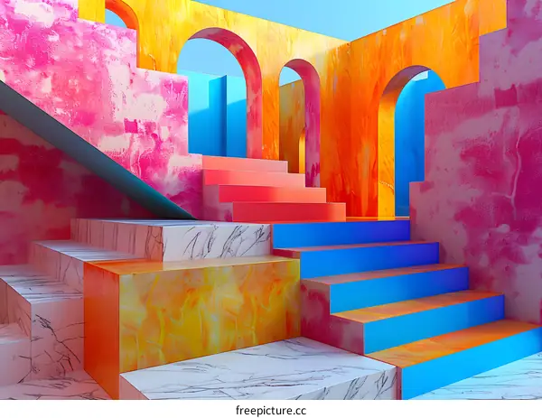 Colorful 3D rendering of a surreal staircase