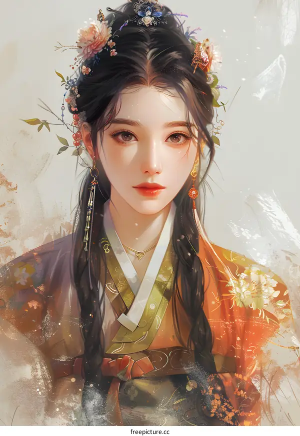 Beautiful Asian Woman in Traditional Korean Dress with Flowers