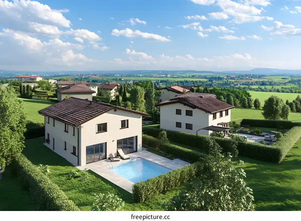 Modern House With Pool And Green Landscape