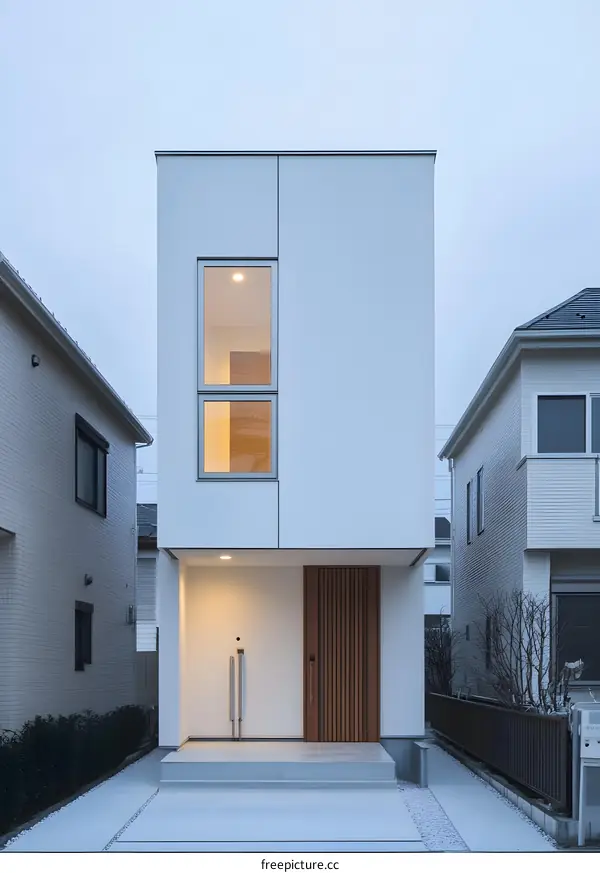 Minimalist Modern White House Exterior with Wooden Door