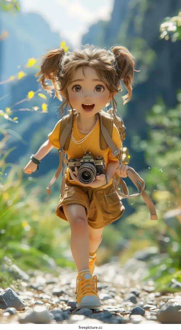 Cheerful anime girl with a camera in the mountains