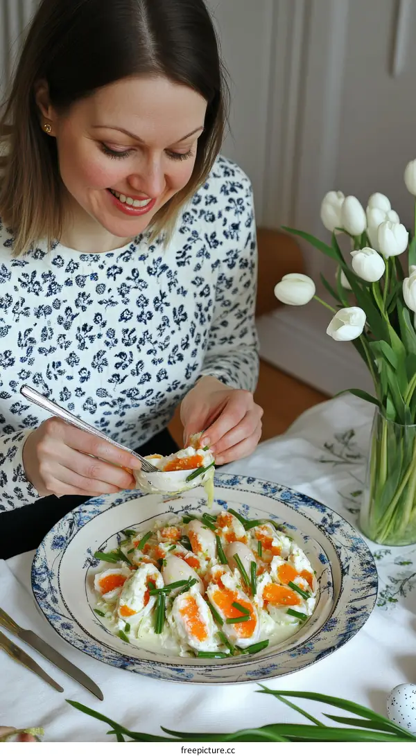 Woman eating sliced deviled eggs with chives