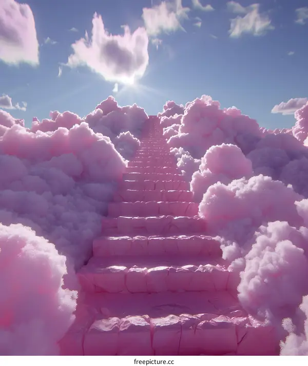Pink Staircase Leading to Heaven Through Clouds