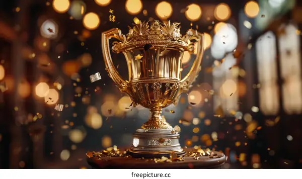 Golden trophy with confetti falling