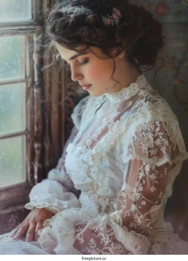 Vintage Woman in a Lace Dress by the Window