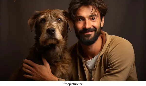 A man and his dog pose for a portrait