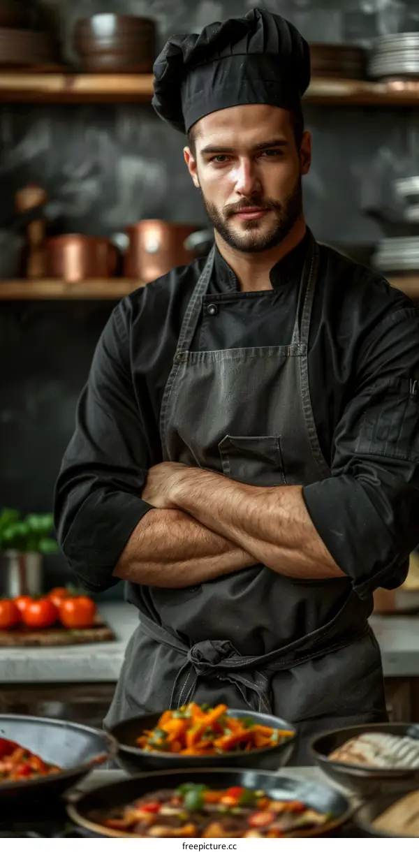 Confident Chef Posing with Crossed Arms in a Restaurant Kitchen