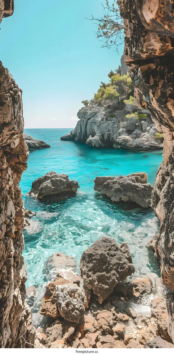 Turquoise Water View Through Rock Opening