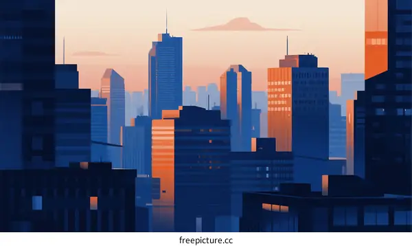 Modern Cityscape with Tall Buildings Under Orange Sky