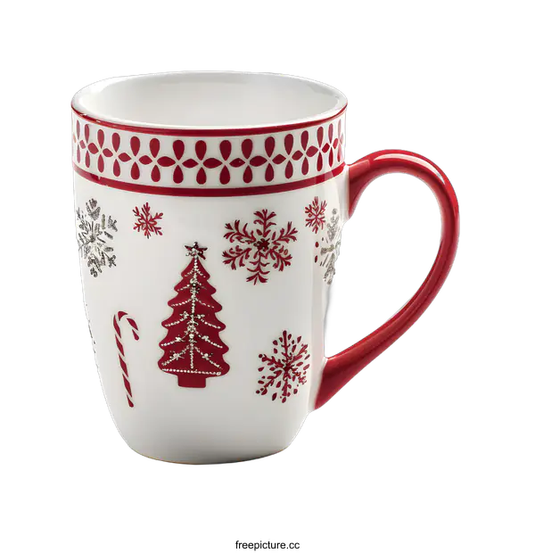 [Transparent Background PNG]Red and White Christmas Mug with Snowflakes and Trees