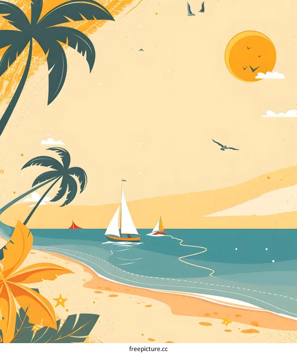 Tropical Beach Illustration With Sailboats and Palm Trees