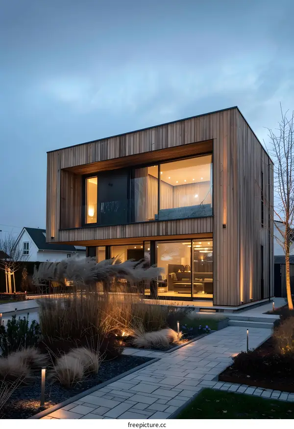 Modern Wooden House with Large Windows and  Landscaped Yard