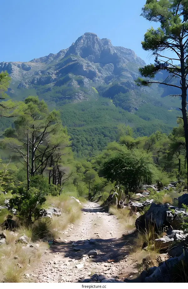 The rocky mountain hiking trail winds through the lush green forest