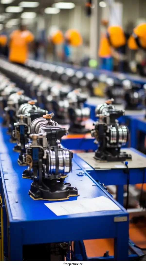 A production line of car engines with workers in the background