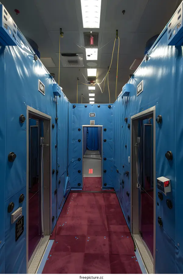 Blue Doors and Red Carpet in an Industrial Hallway