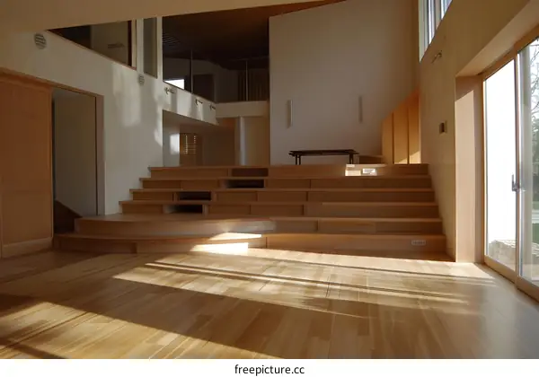 Modern Interior Design with Wooden Stairs and Sunlight