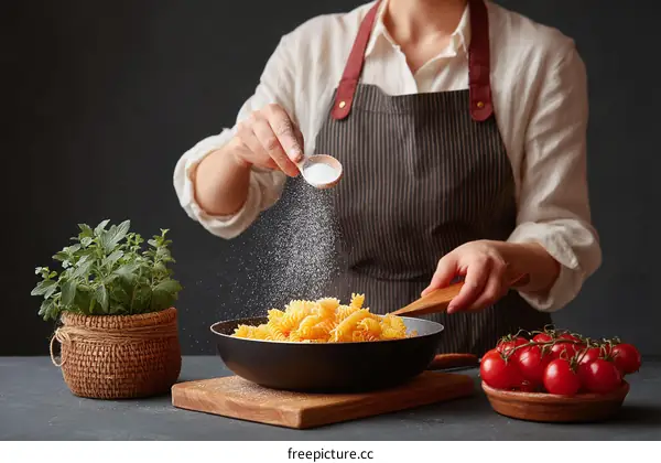 Woman Chef Seasoning Pasta in a Pan