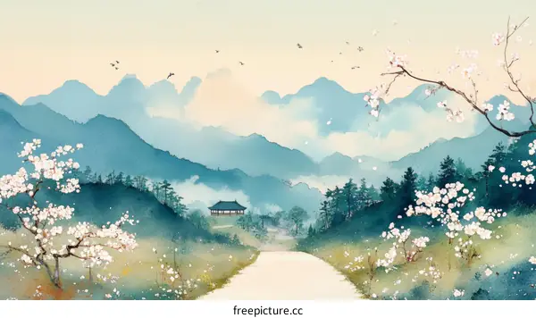 Misty Mountain Landscape with Blooming Cherry Blossoms