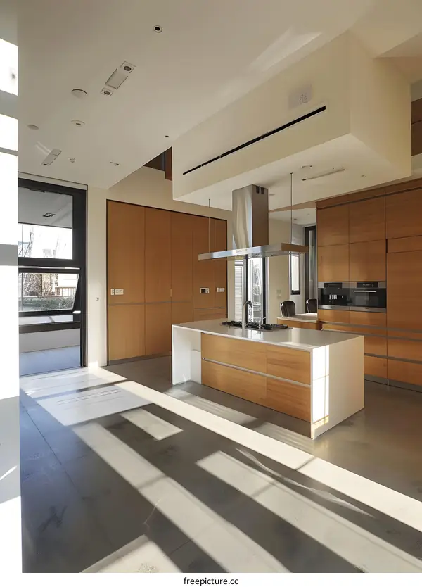 Modern Kitchen Island with White Countertop and Wooden Cabinets