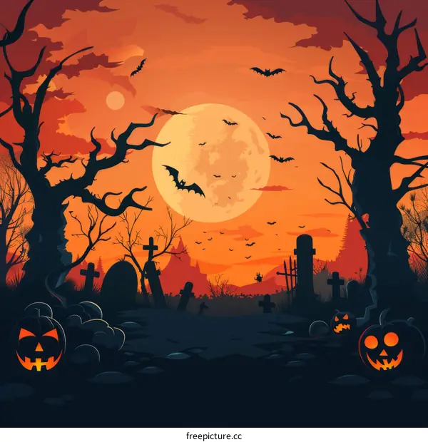 Spooky Graveyard with Full Moon at Night