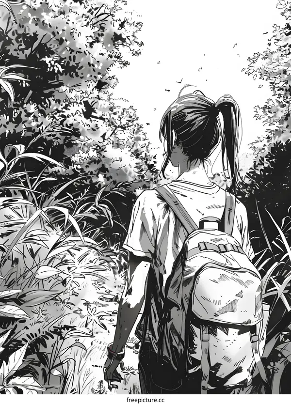 A girl with a ponytail is walking in the woods