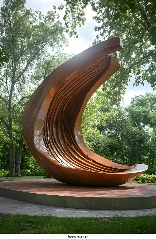 Abstract Curved Metal Sculpture in a Green Forest