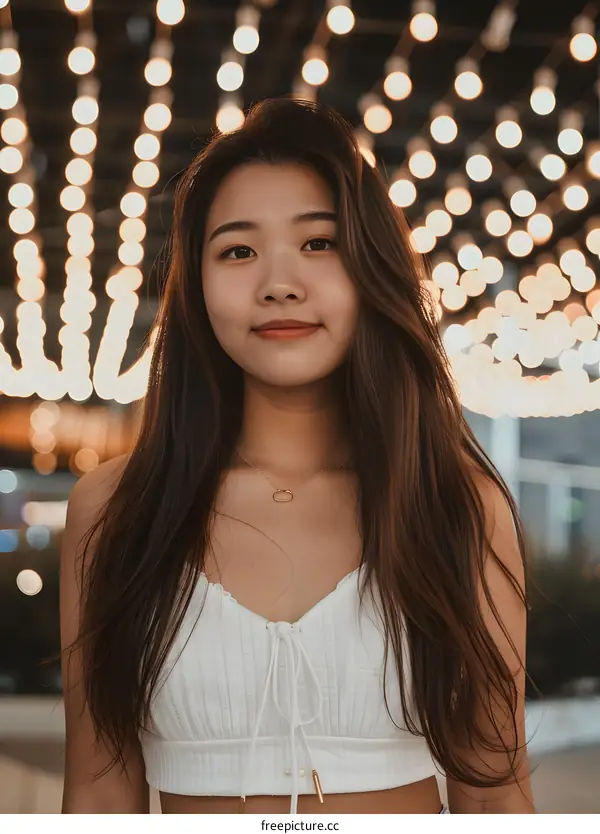 Smiling Asian Woman with String Lights