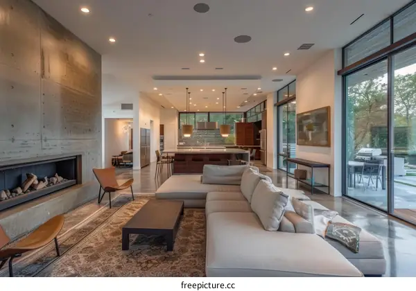 Modern house interior living room with fireplace and large windows