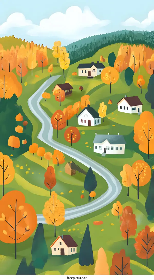Autumn Village Landscape with Winding Road