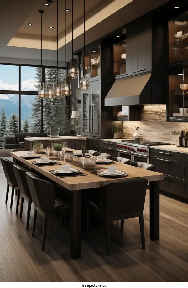 Black and wooden modern kitchen and dining room interior design