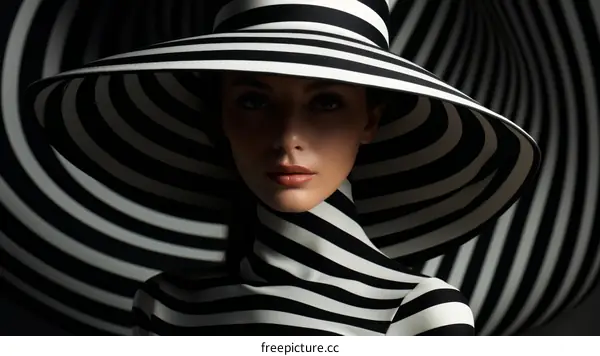 Black and white striped pattern portrait of a woman wearing a large hat