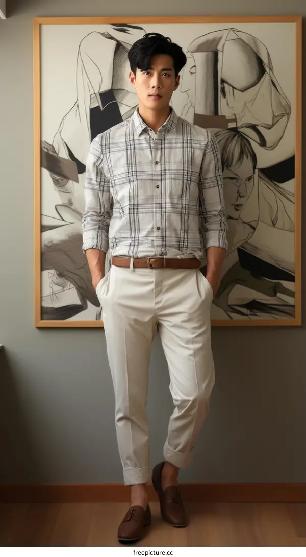 Asian man wearing a plaid shirt and white pants standing in front of a painting