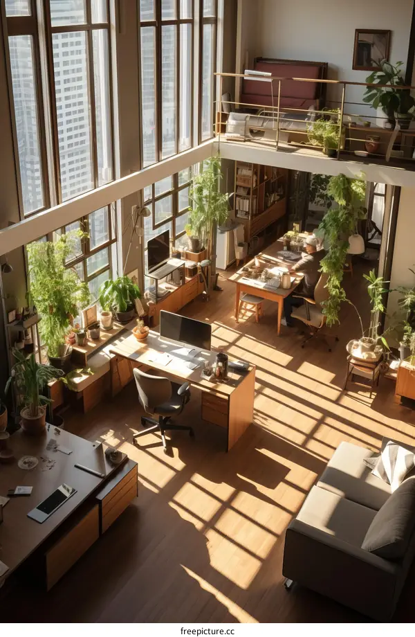 Modern Home Office with Ample Sunlight and Plants