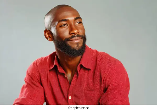 Thoughtful African American Man in Red Shirt