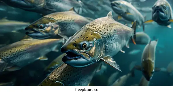 A school of salmon fish swimming underwater in a river or ocean