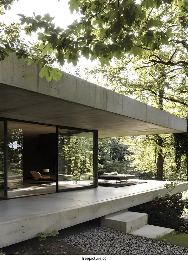 Modern Concrete House with Large Windows Overlooking Green Trees