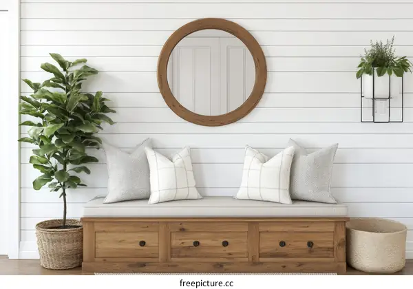 Rustic Entryway Design with Mirror and Plants