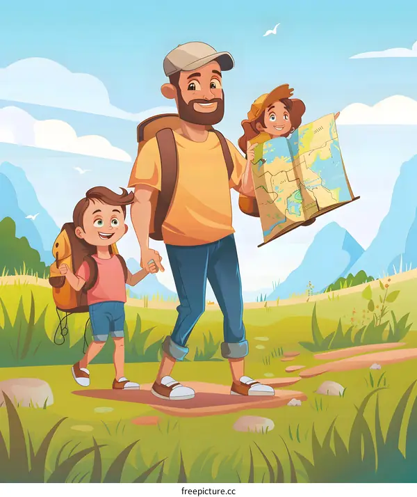 Family Hiking Adventure with Map and Backpacks