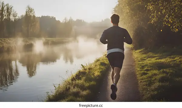 Man Running Along River Path in Foggy Morning