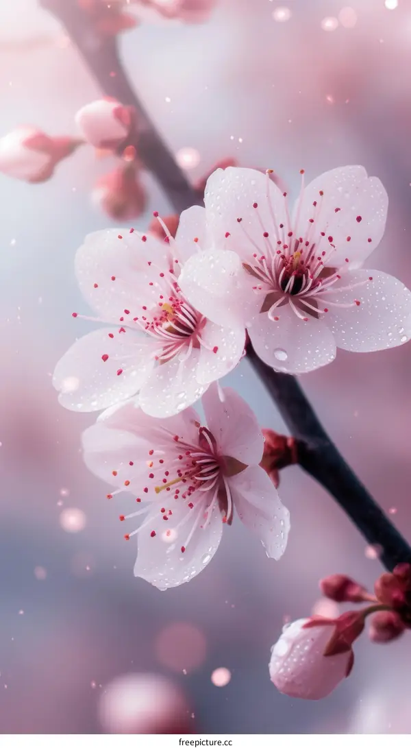 Delicate and graceful pink cherry blossoms with water drops
