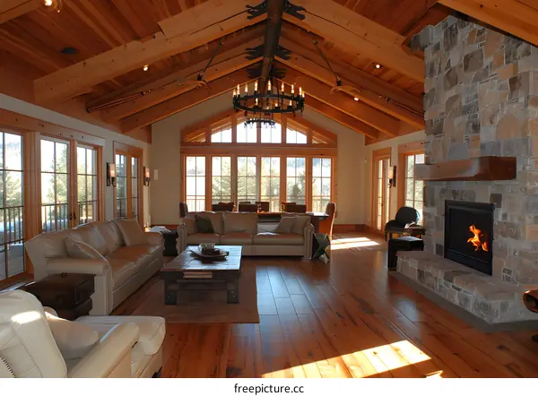 A cozy living room with a fireplace and wood-beamed ceiling