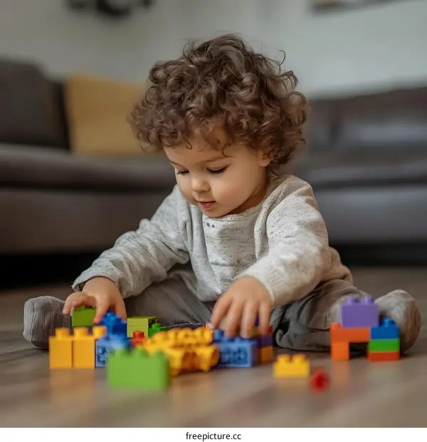 Cute Toddler Boy Playing with Building Blocks