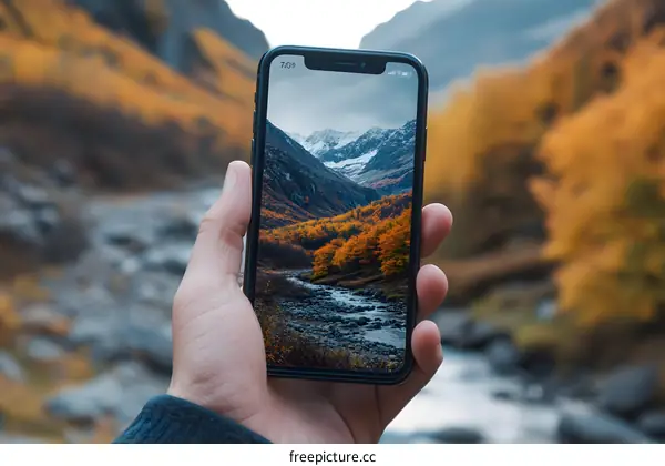 Hand Holding Smartphone with Landscape Image