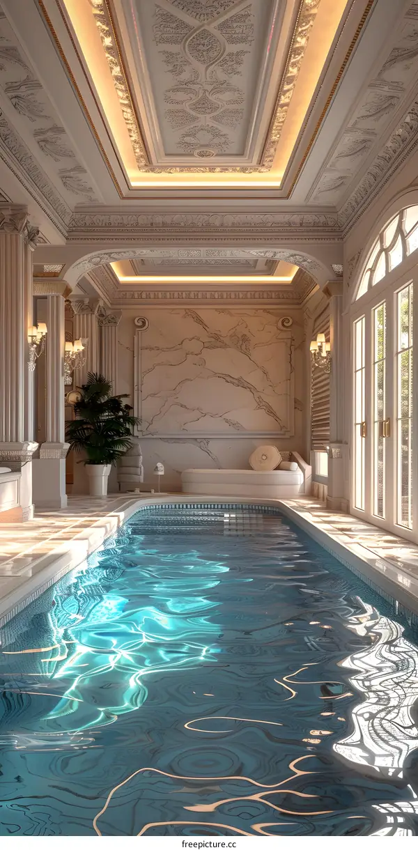 Indoor swimming pool with white marble columns and arched windows