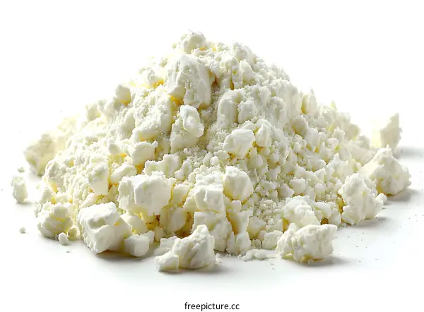 A Pile of Crumbled White Cheese on White Background