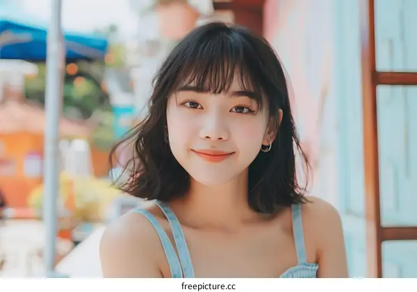 Portrait of a Smiling Young Woman with Short Black Hair