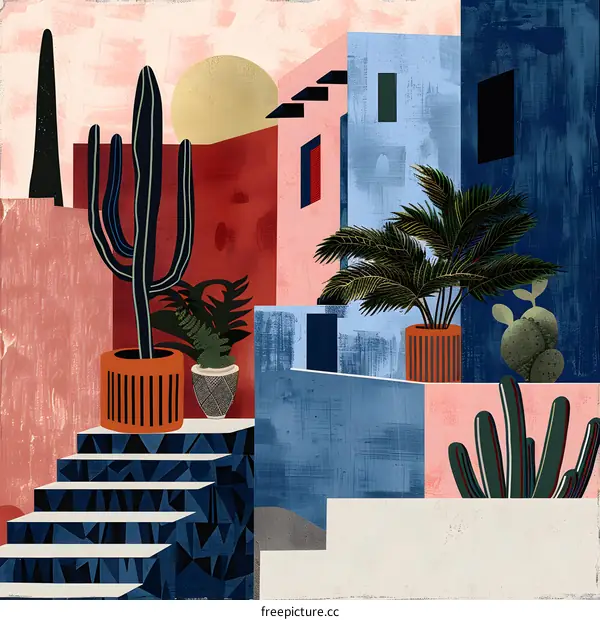 Abstract Modern Geometric Building with Cactus Plants and Palm Trees Illustration